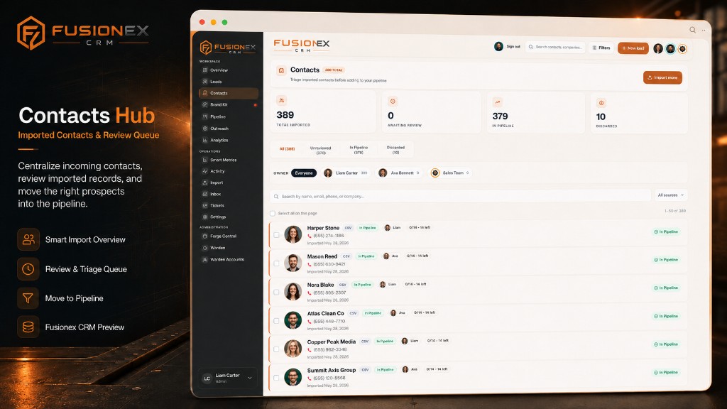 Fusionex CRM contacts hub with import triage and pipeline routing