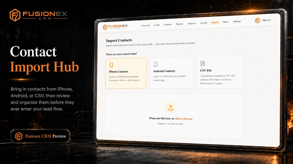 Fusionex CRM contact import hub for mobile and CSV
